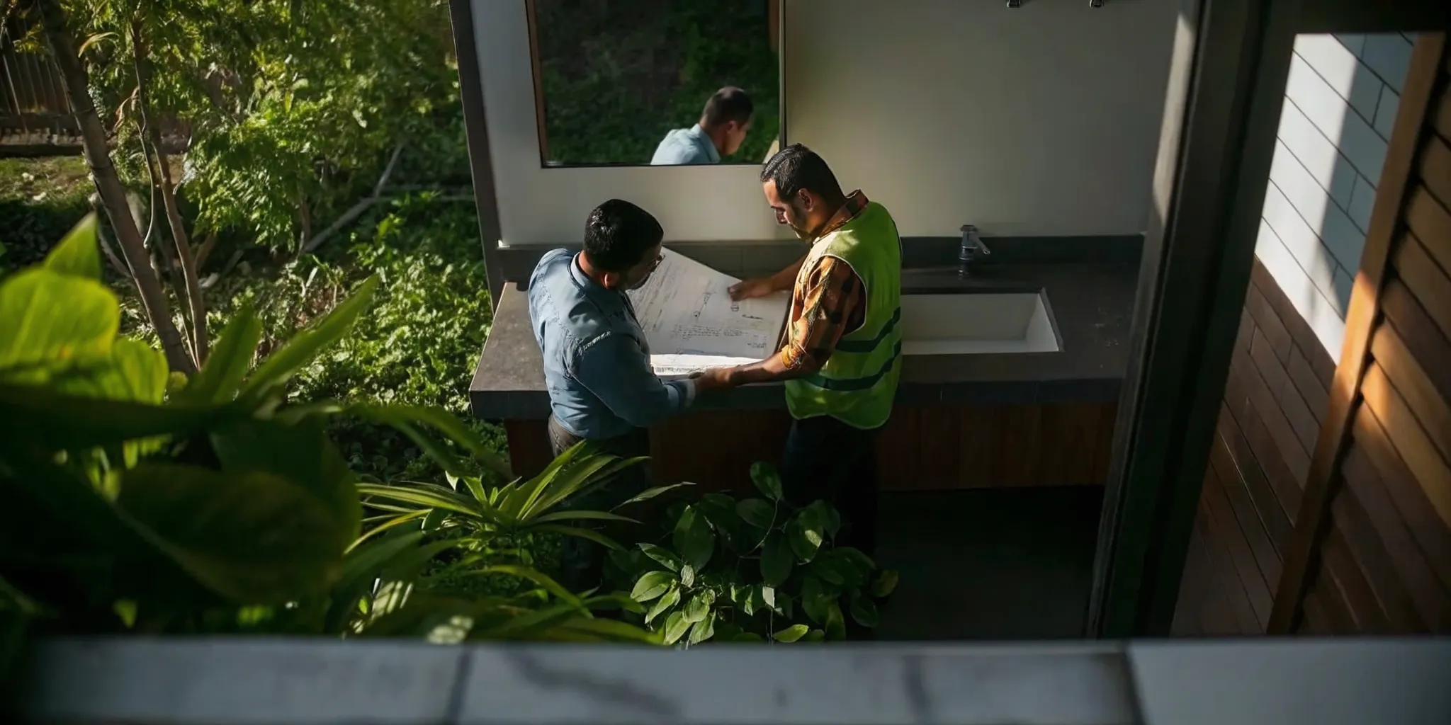 Homeowner and contractor reviewing plans during a Los Angeles bathroom renovation
