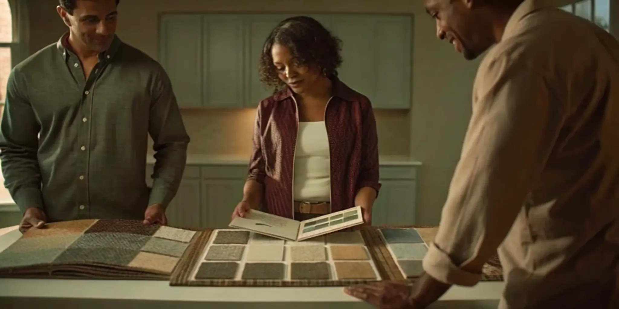 Homeowner comparing bathroom remodel contractor bids and material samples