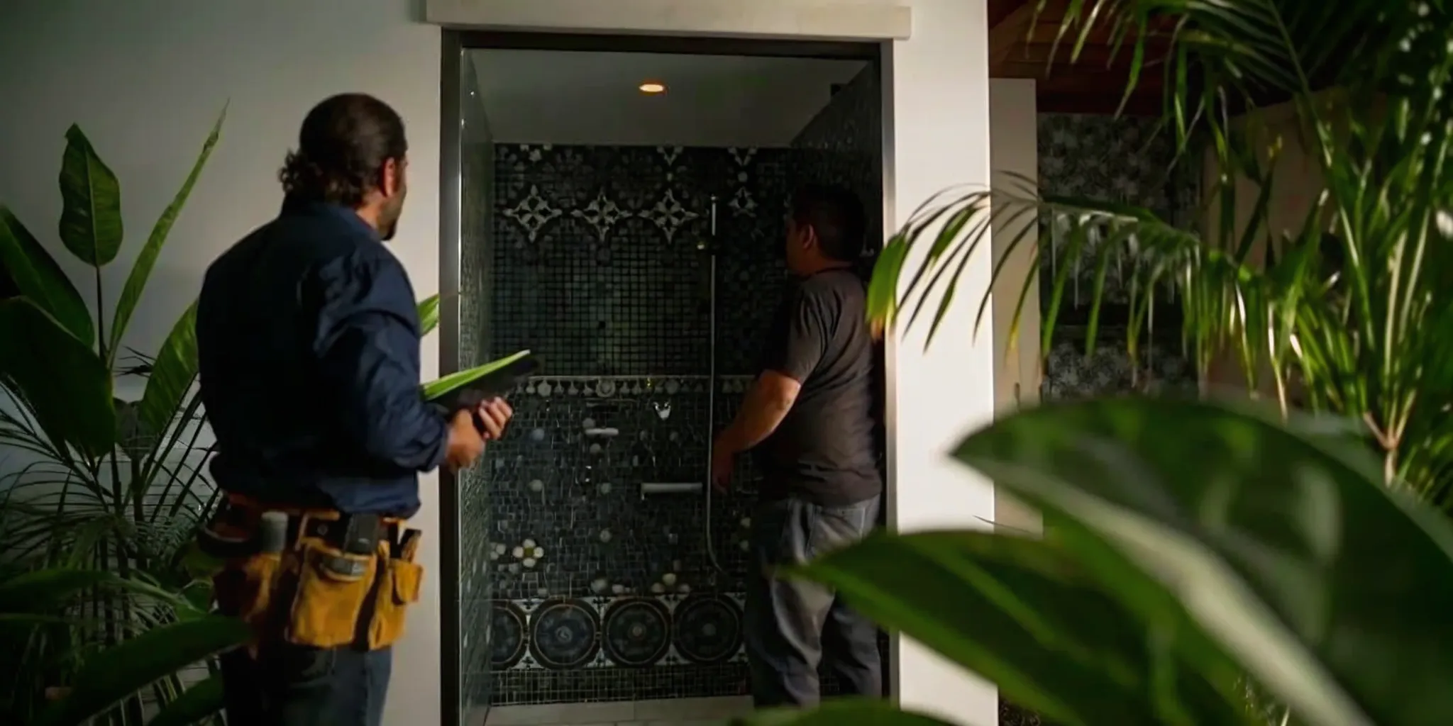 Contractor reviewing a finished Los Angeles bathroom remodel