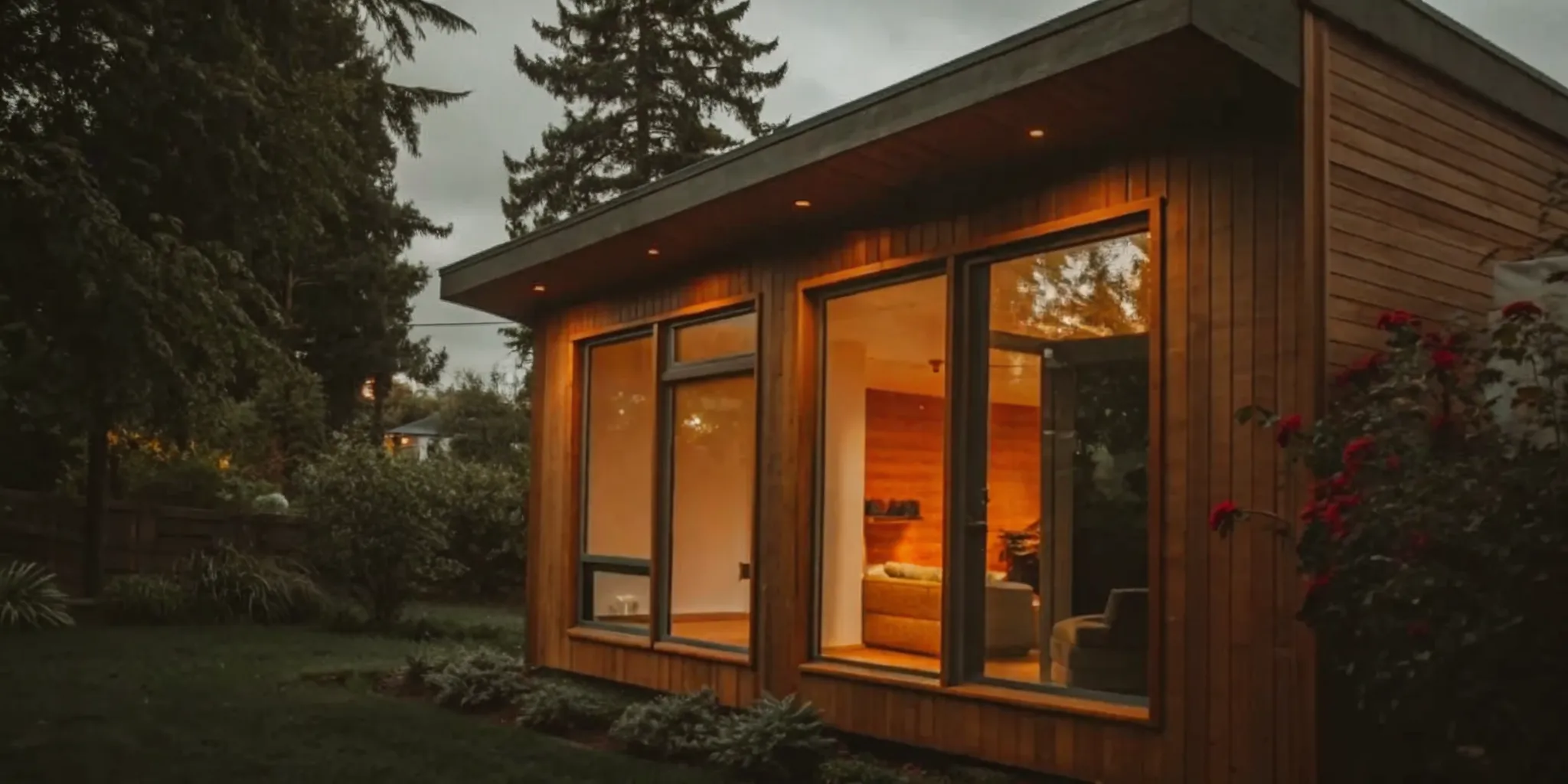 Modern detached ADU cottage in a Seattle backyard with cedar siding and large glass windows