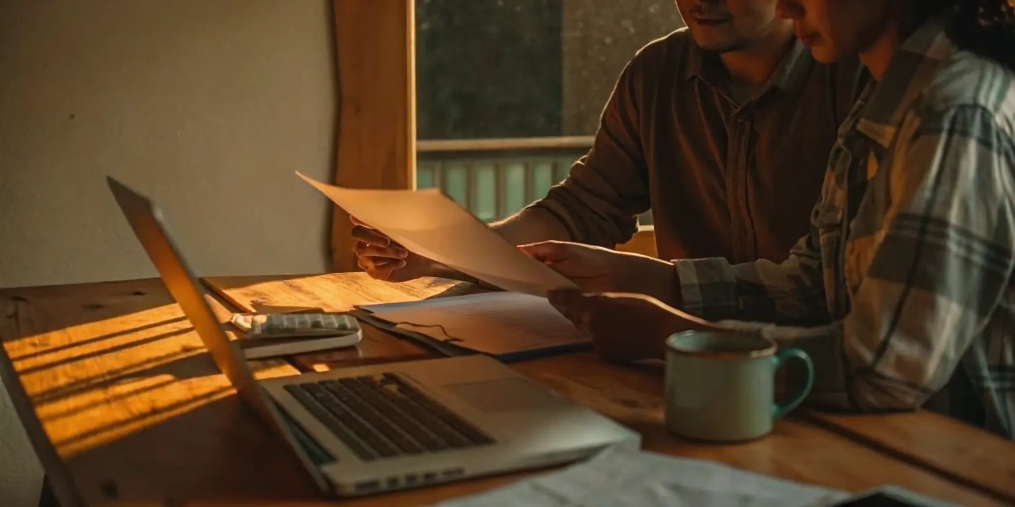 Homeowner reviewing renovation financing documents and loan paperwork at a wooden table with laptop