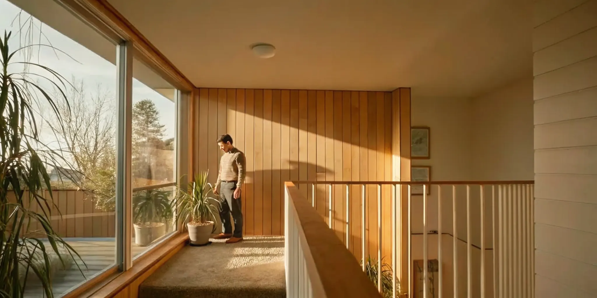 Mid-century modern home renovation with floor-to-ceiling windows and natural wood paneling