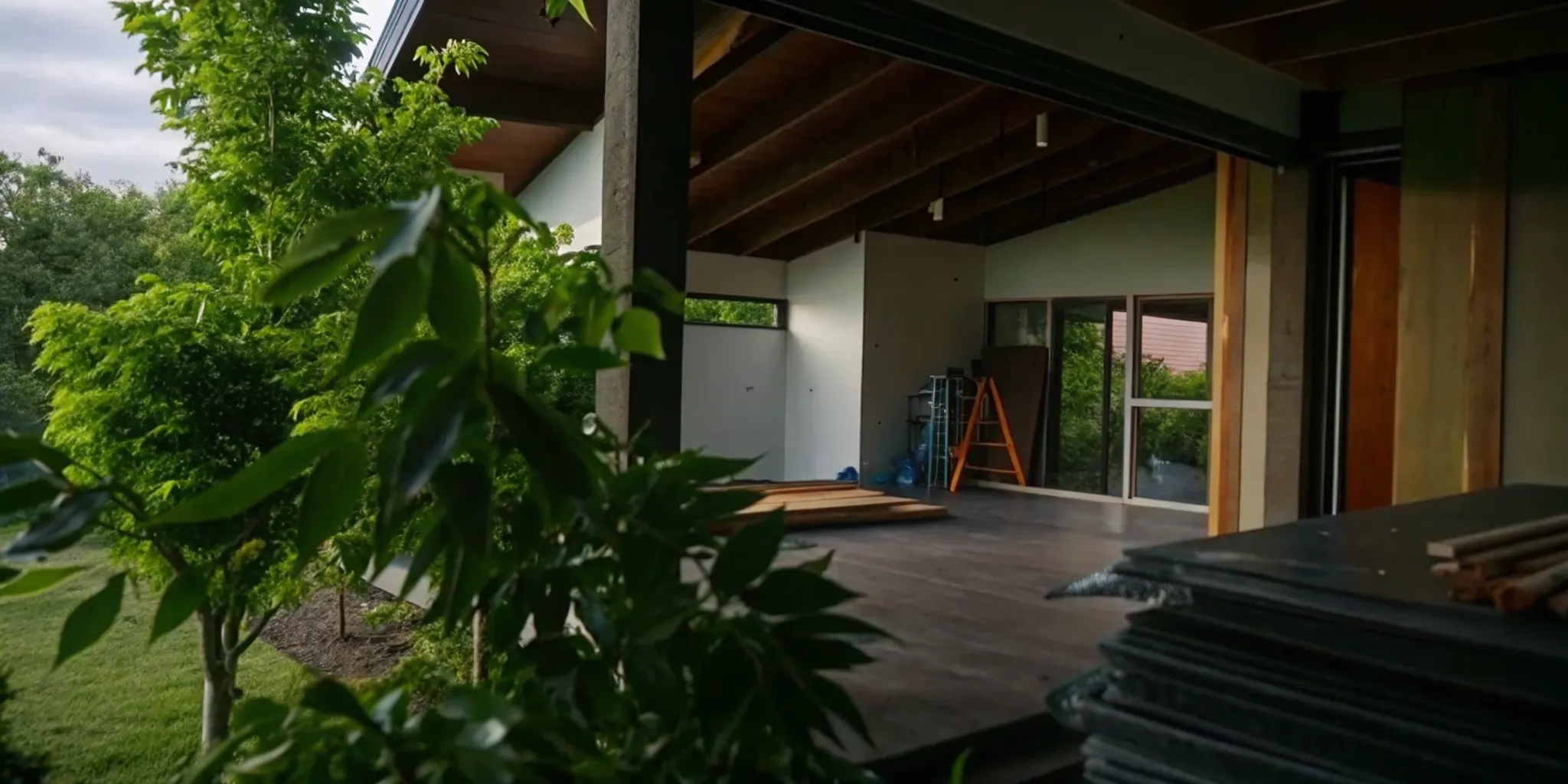 Modern home renovation in progress with exposed wooden beams and new hardwood flooring