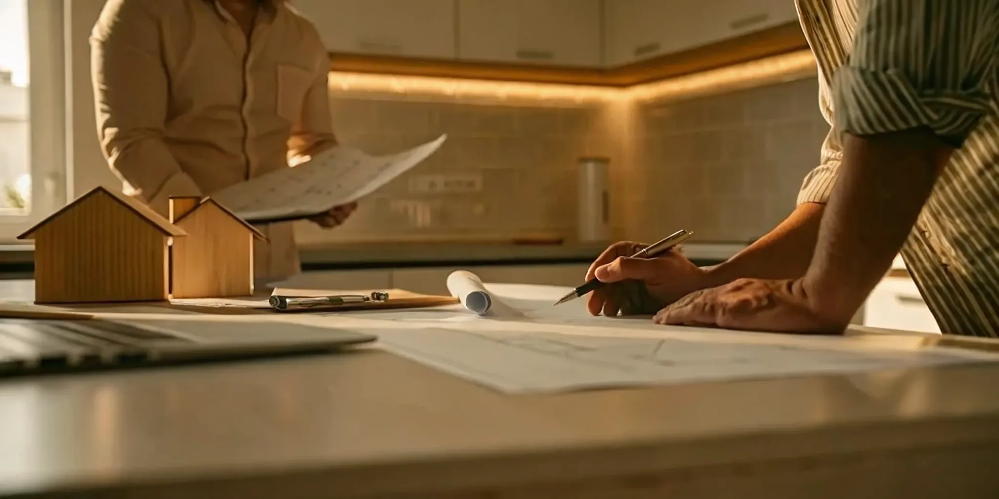 Homeowner reviewing renovation contract documents with contractor at a table