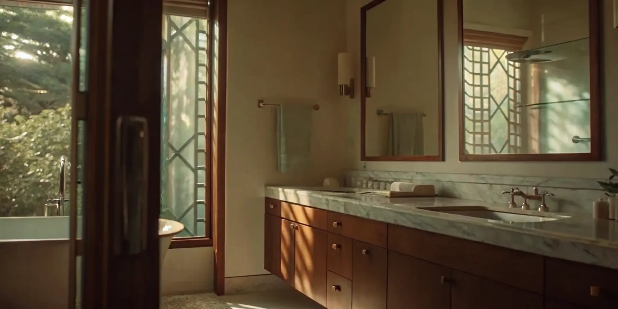 Luxurious primary bathroom with marble countertops, frameless glass shower, and modern fixtures