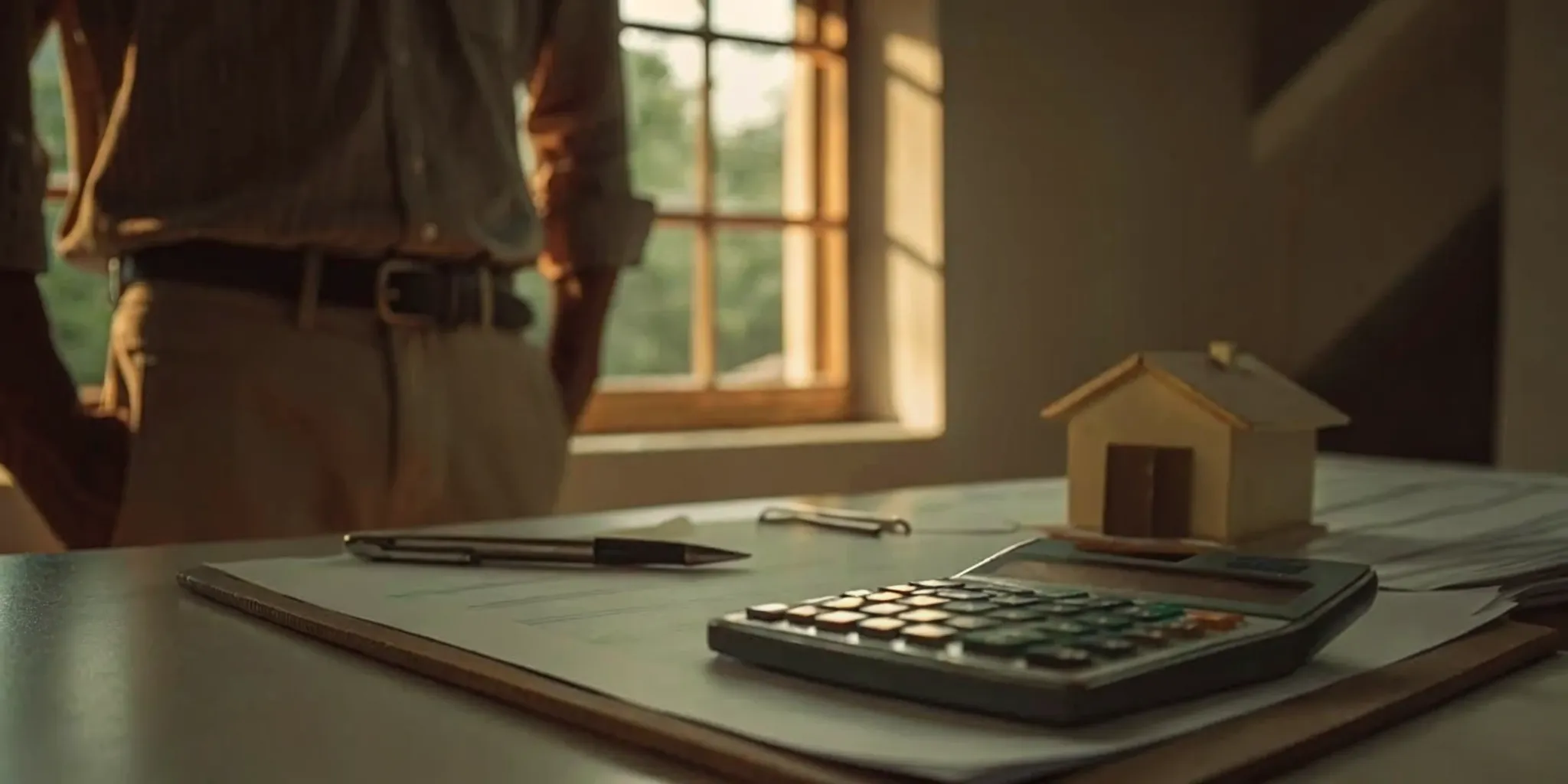 A renovation contract document on a table with highlighted change order language and a calculator, showing cost adjustment line items