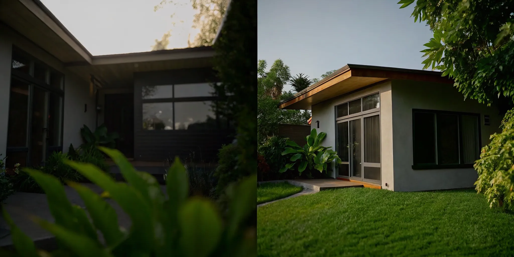 Side-by-side architectural illustrations showing an attached ADU connected to the main house and a detached backyard ADU with its own entrance and patio