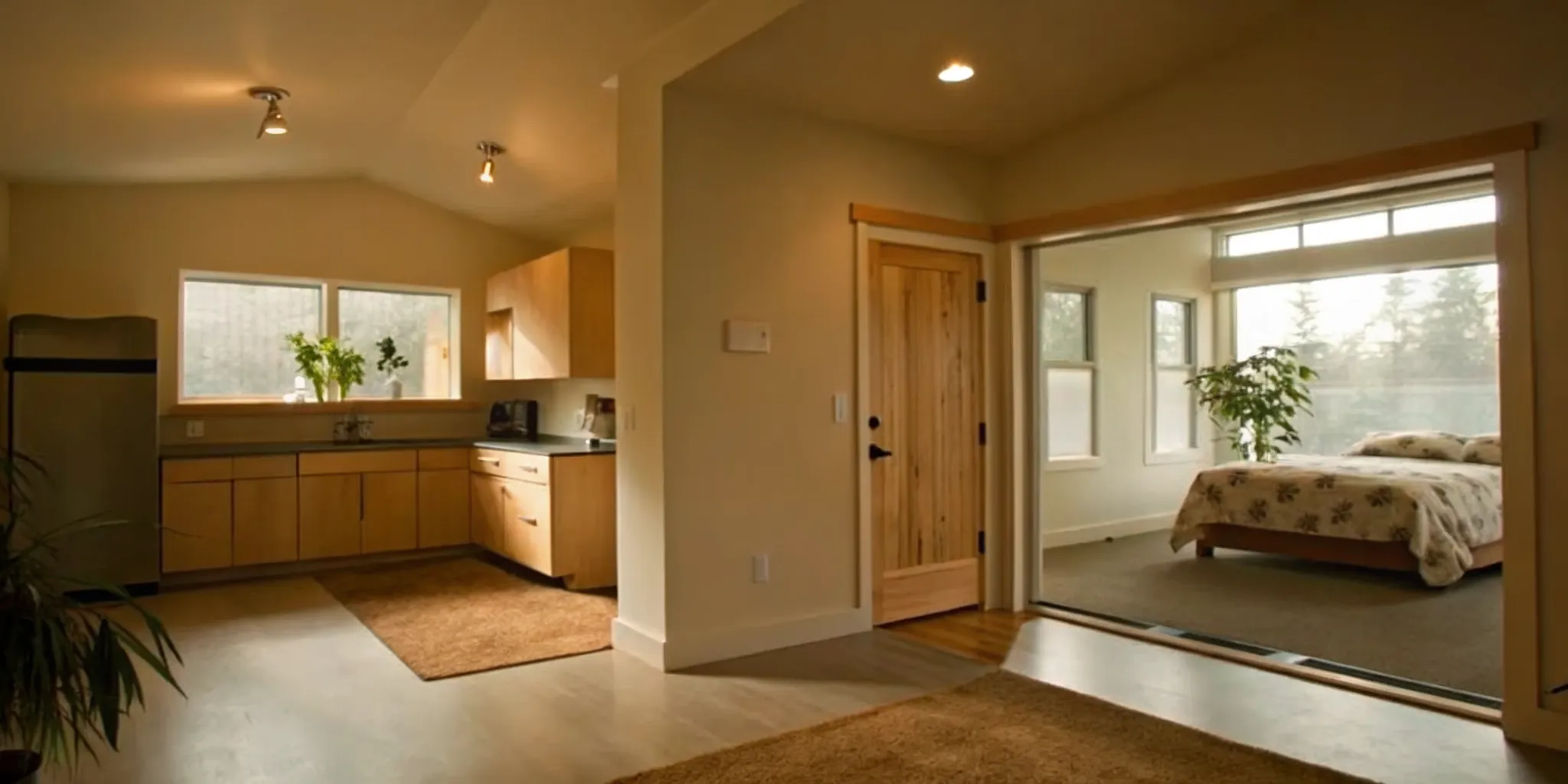 A bright 400-square-foot ADU interior showing a combined living and kitchen area with a separate bedroom doorway