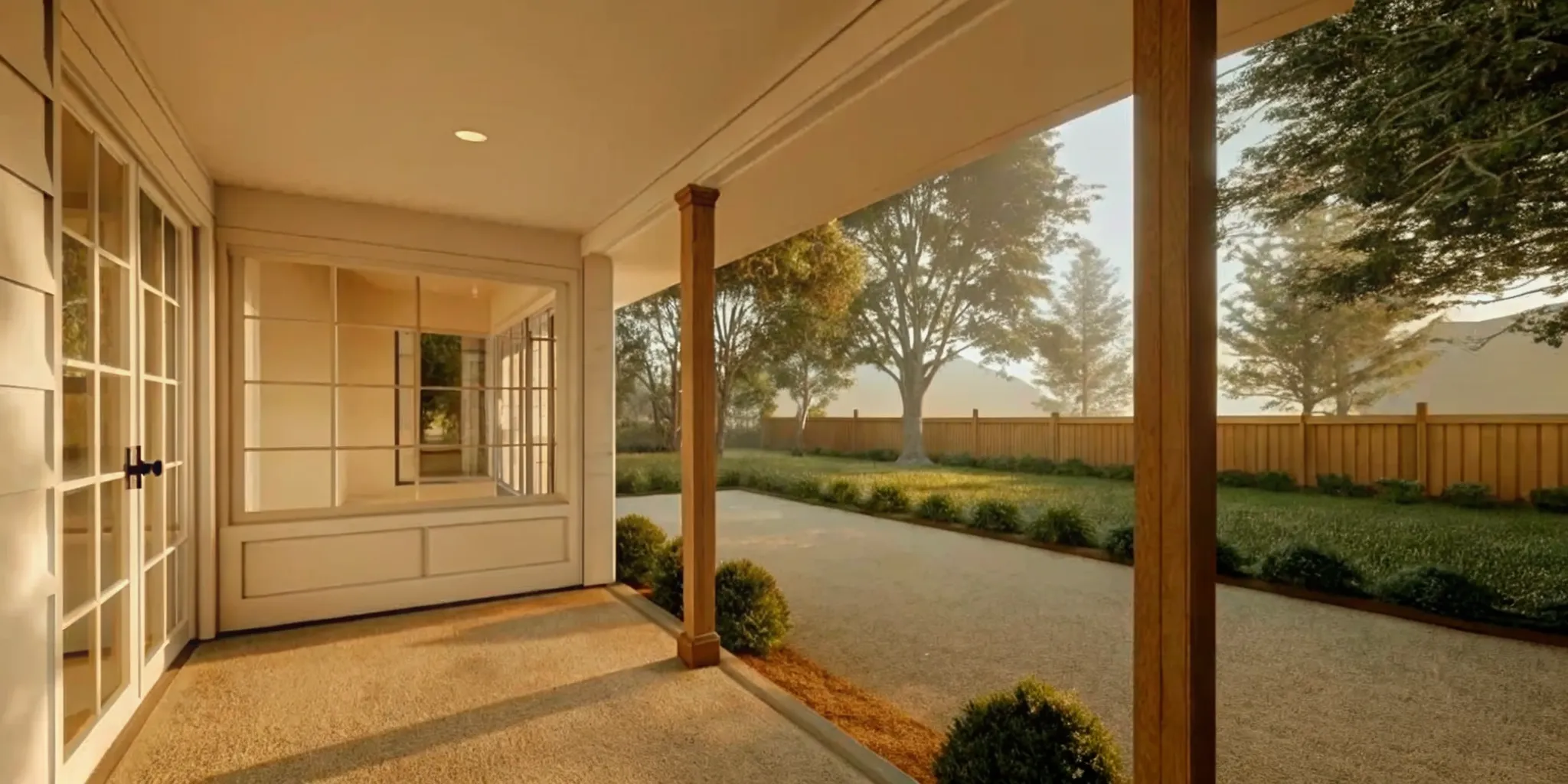 Architectural rendering of a modern backyard ADU with a covered porch and large windows, set in a California backyard