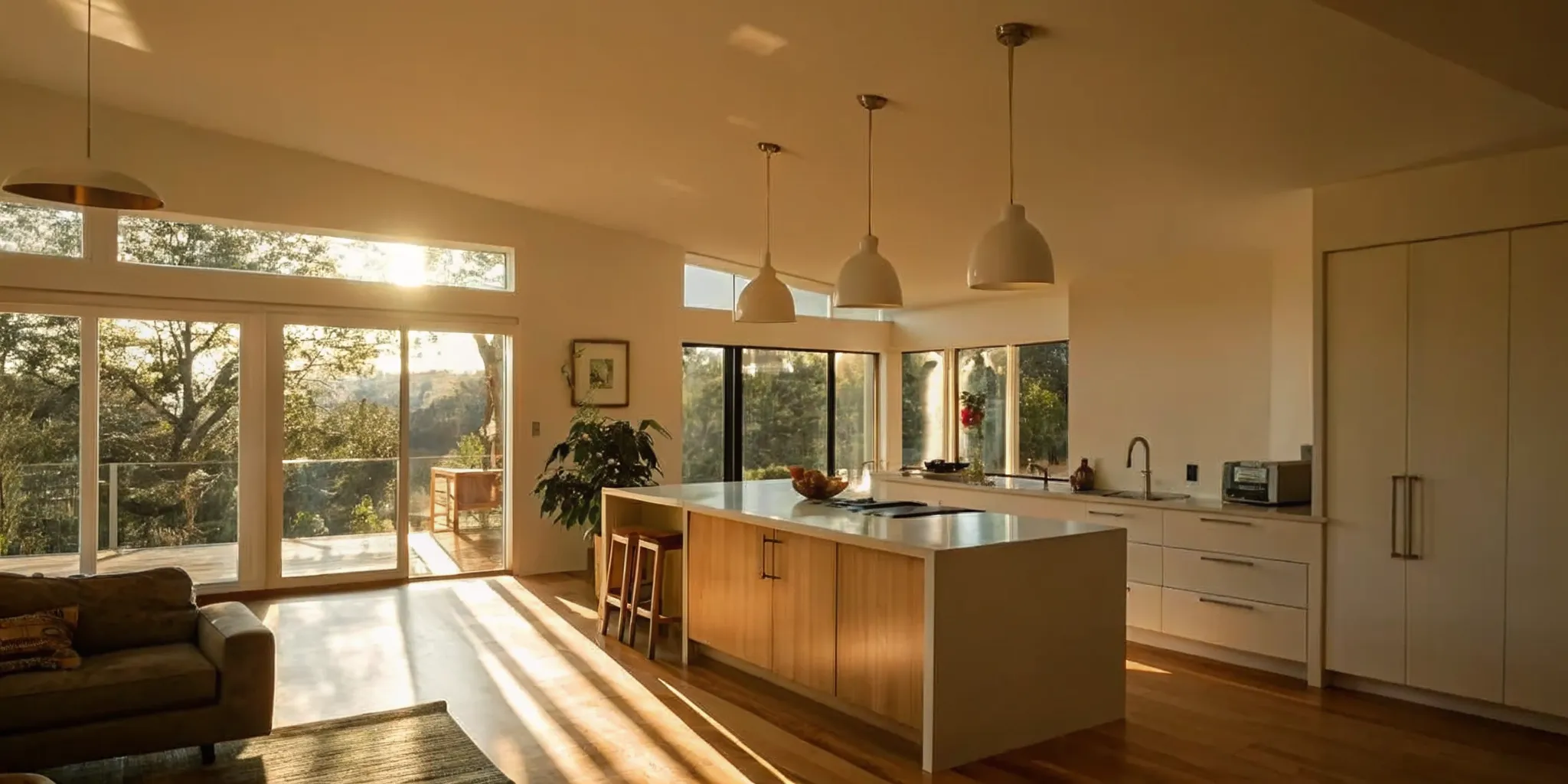 Modern open concept kitchen with island flowing into bright living room with hardwood floors and natural light