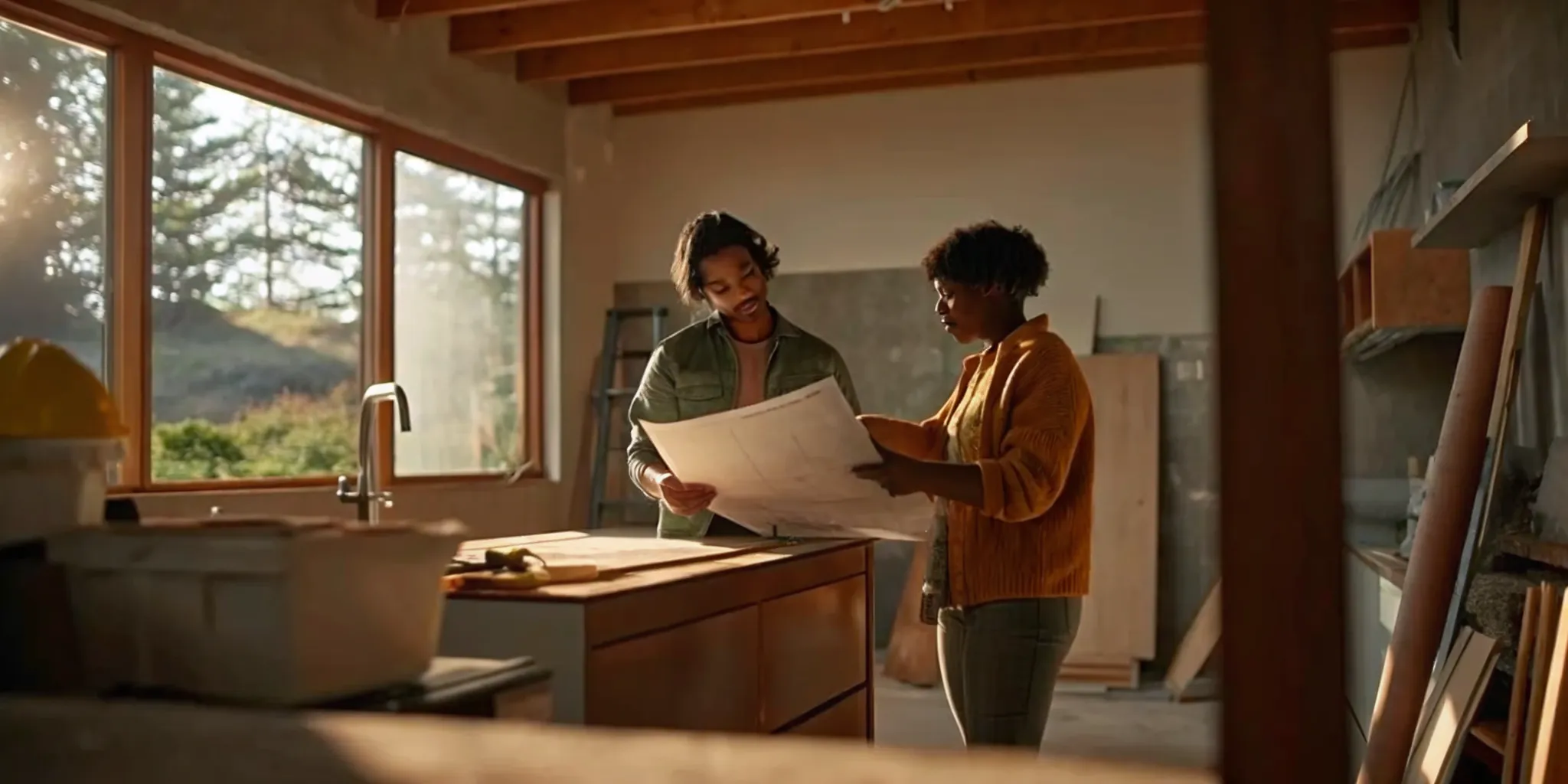 Modern home renovation scene showing an open-concept kitchen remodel under construction with natural light