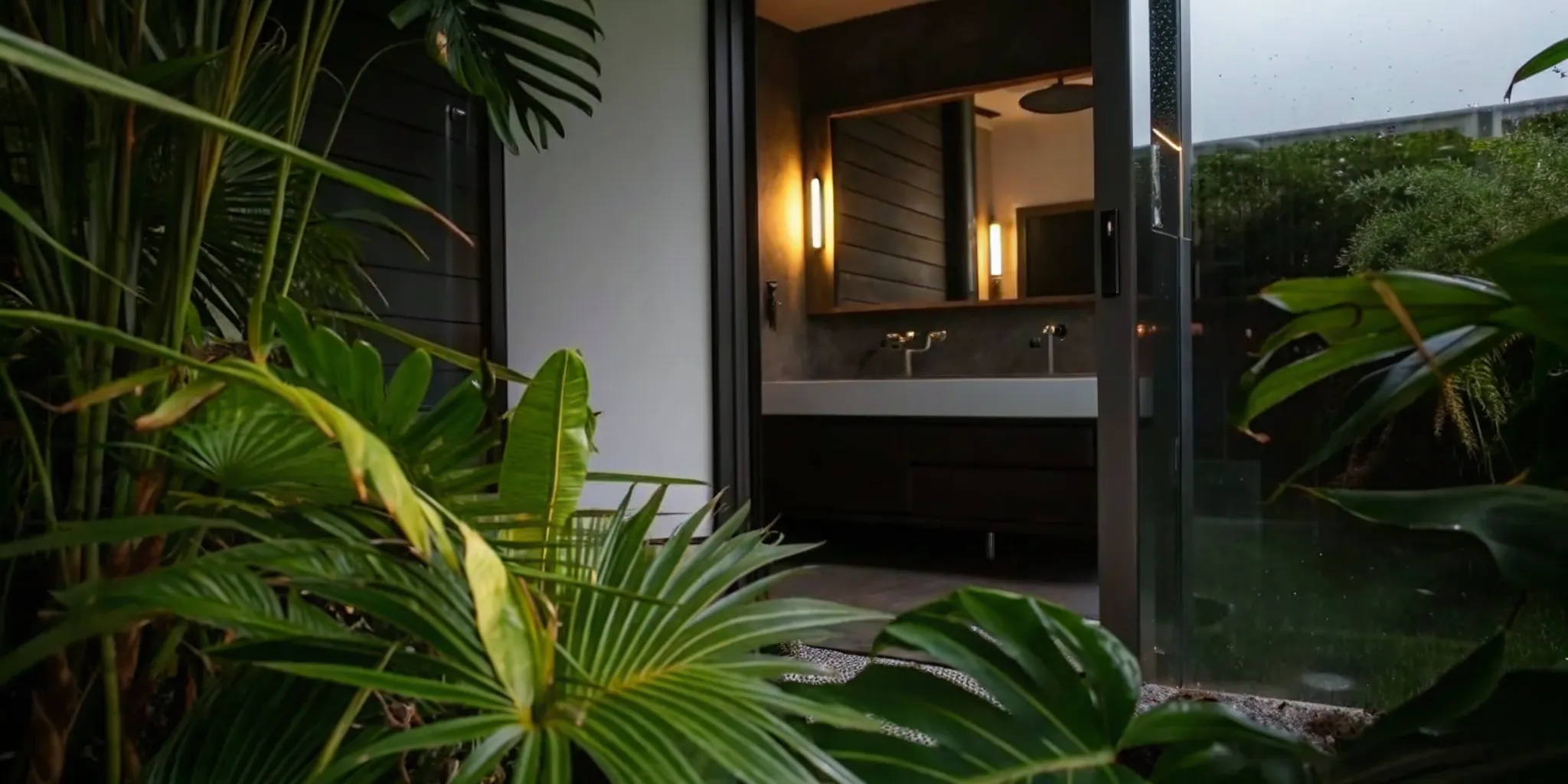 Renovated primary bathroom with a walk-in glass shower and floating walnut vanity