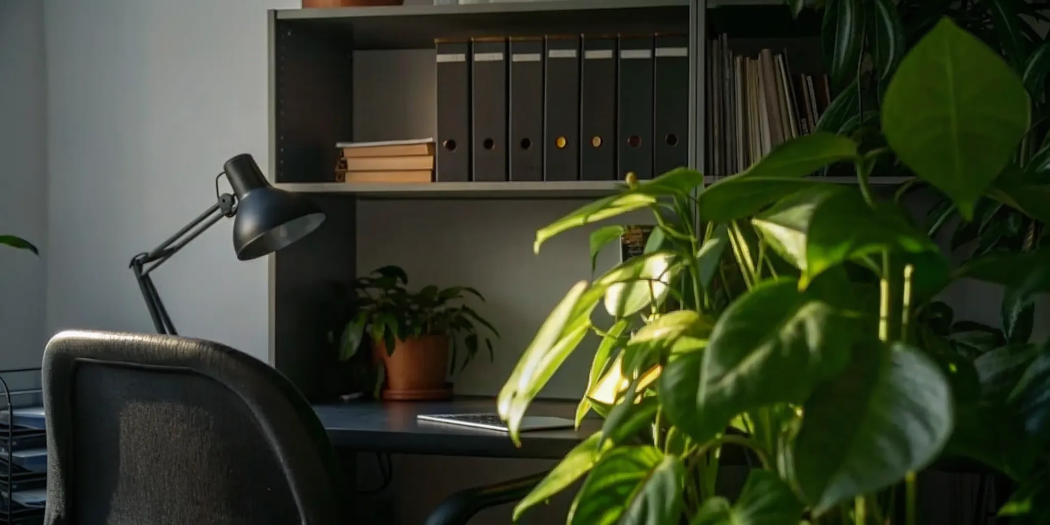 Cozy home office corner with an ergonomic desk, warm lighting, shelving, and a potted plant