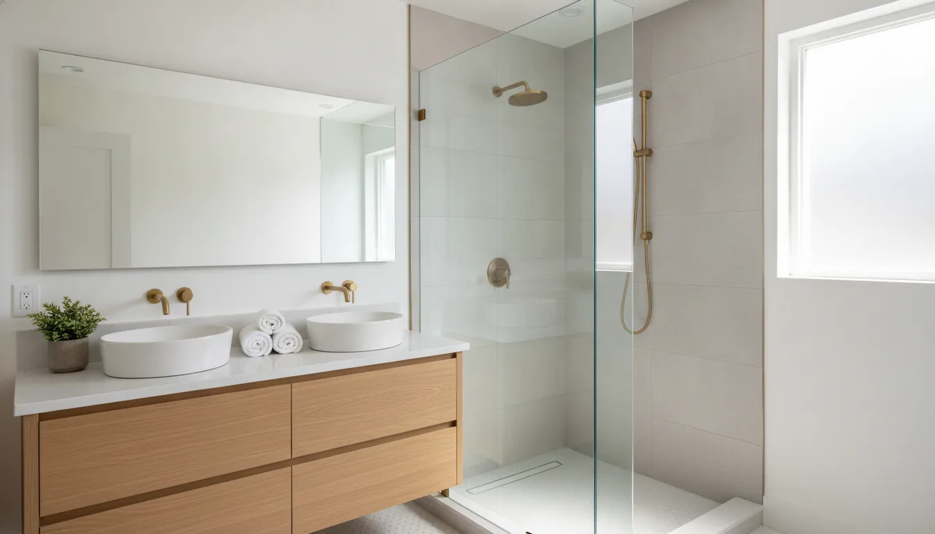 Bright, freshly remodeled modern bathroom with glass shower enclosure and warm wood vanity