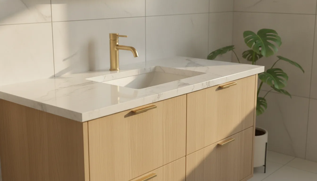 Freshly installed bathroom vanity with stone countertop and clean tile work