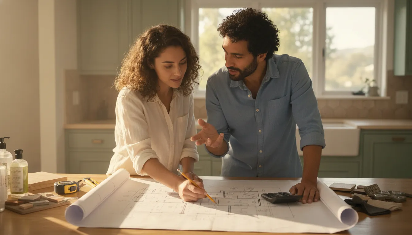 Homeowner planning a home renovation with an advisor over blueprints at a bright kitchen counter