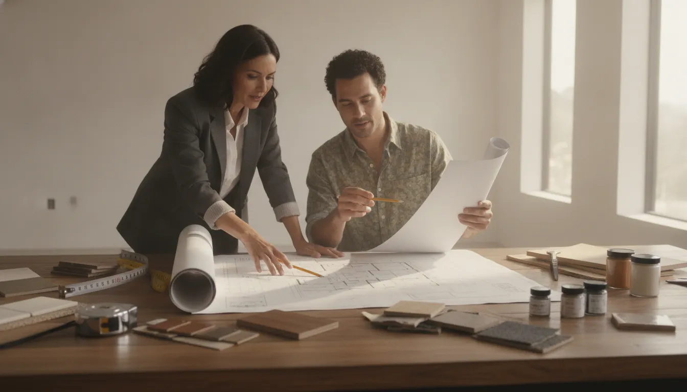 Renovation advisor reviewing a project budget and blueprint checklist with a homeowner
