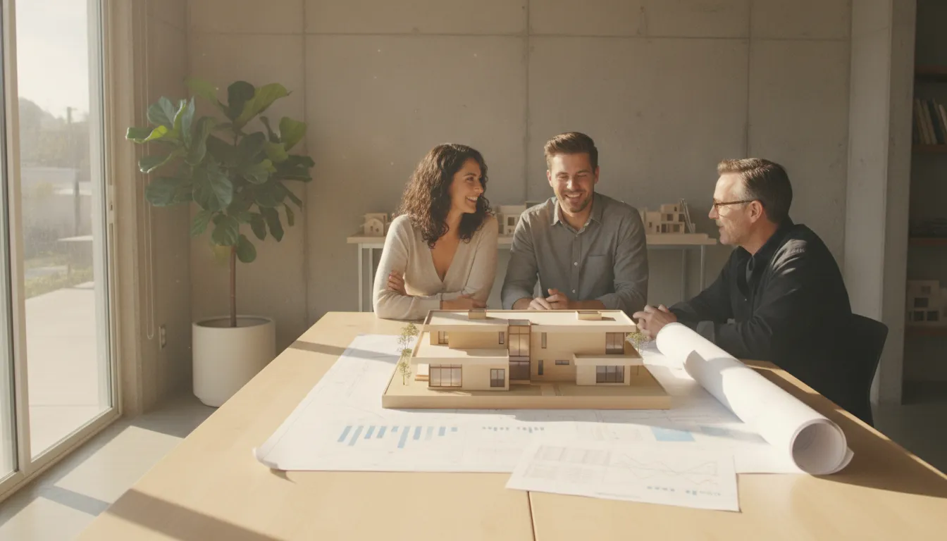 A homeowner reviewing custom home blueprints and a budget with an architect at a design studio table