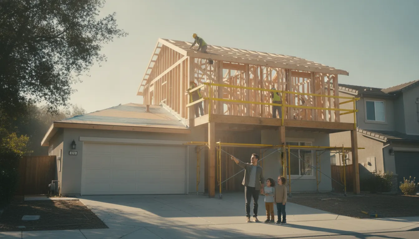 Framing crew lifting a new second story onto a suburban California home