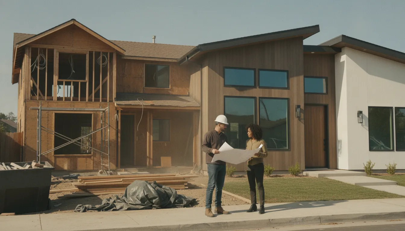 Split scene of an existing home being remodeled and a newly built modern home, with a contractor and homeowner in discussion