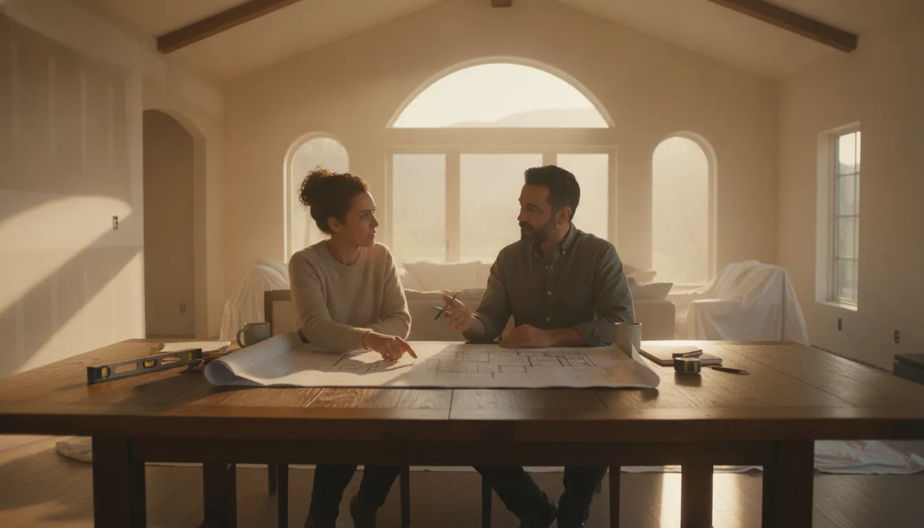 Homeowner and advisor reviewing renovation plans beside a partially renovated home