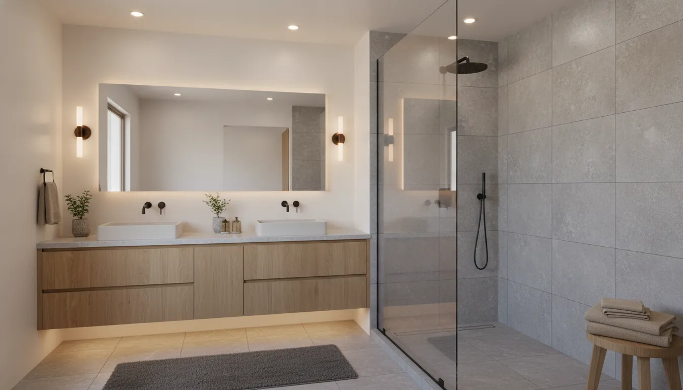 Bright remodeled bathroom with tile, vanity, and layered lighting