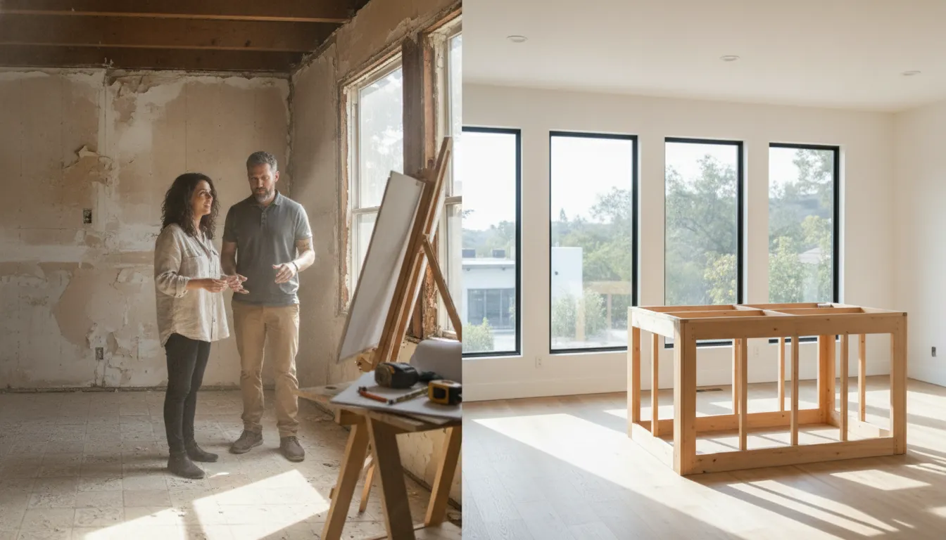 Homeowner and renovation advisor comparing a remodel with a rebuild