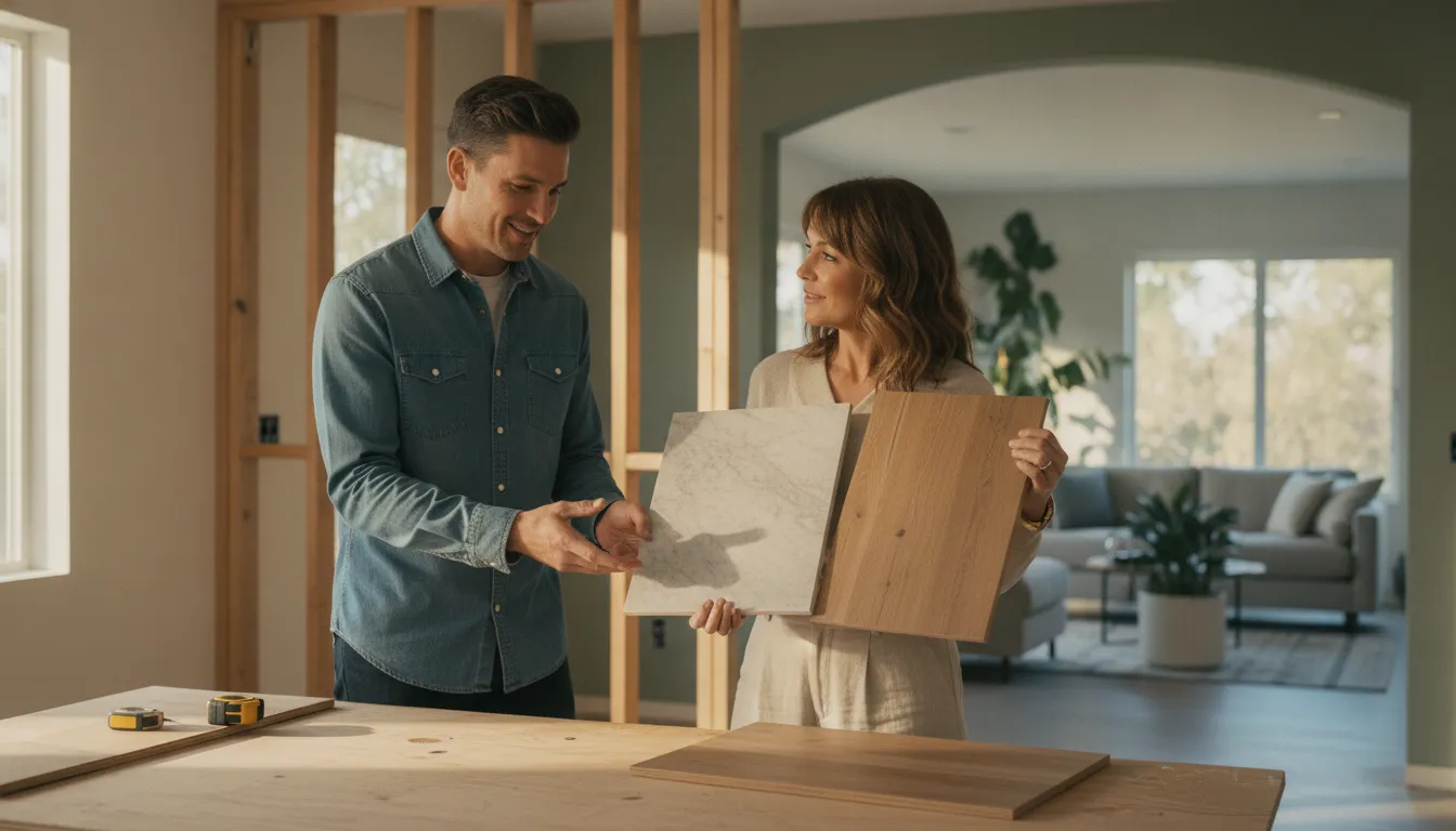 Homeowner comparing remodel materials with a renovation advisor