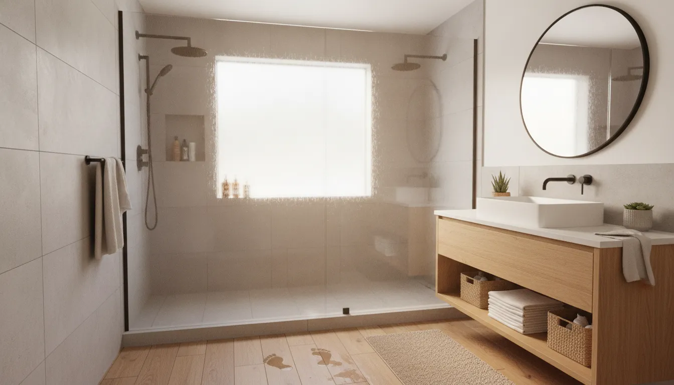 Bright contemporary bathroom renovation with walk-in shower and storage