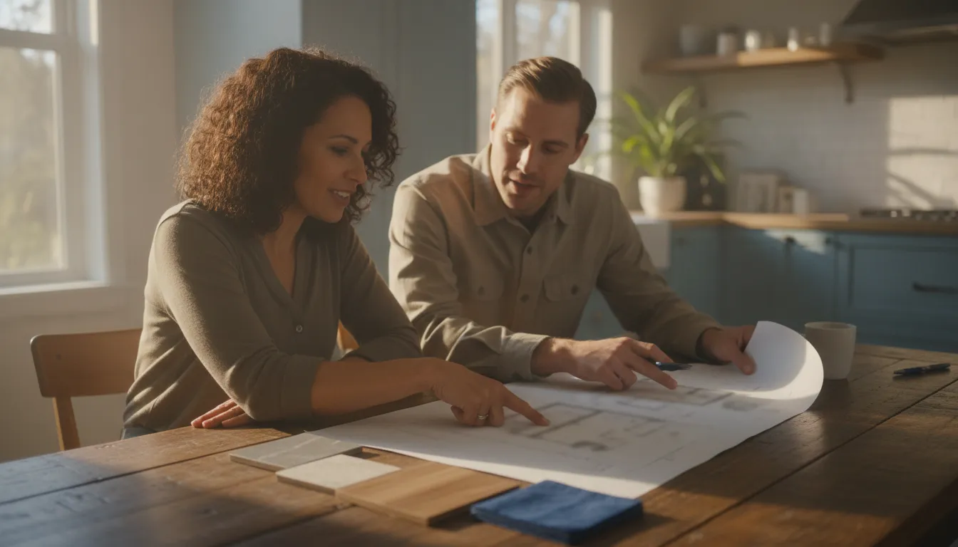 Homeowner and renovation advisor reviewing bathroom project materials