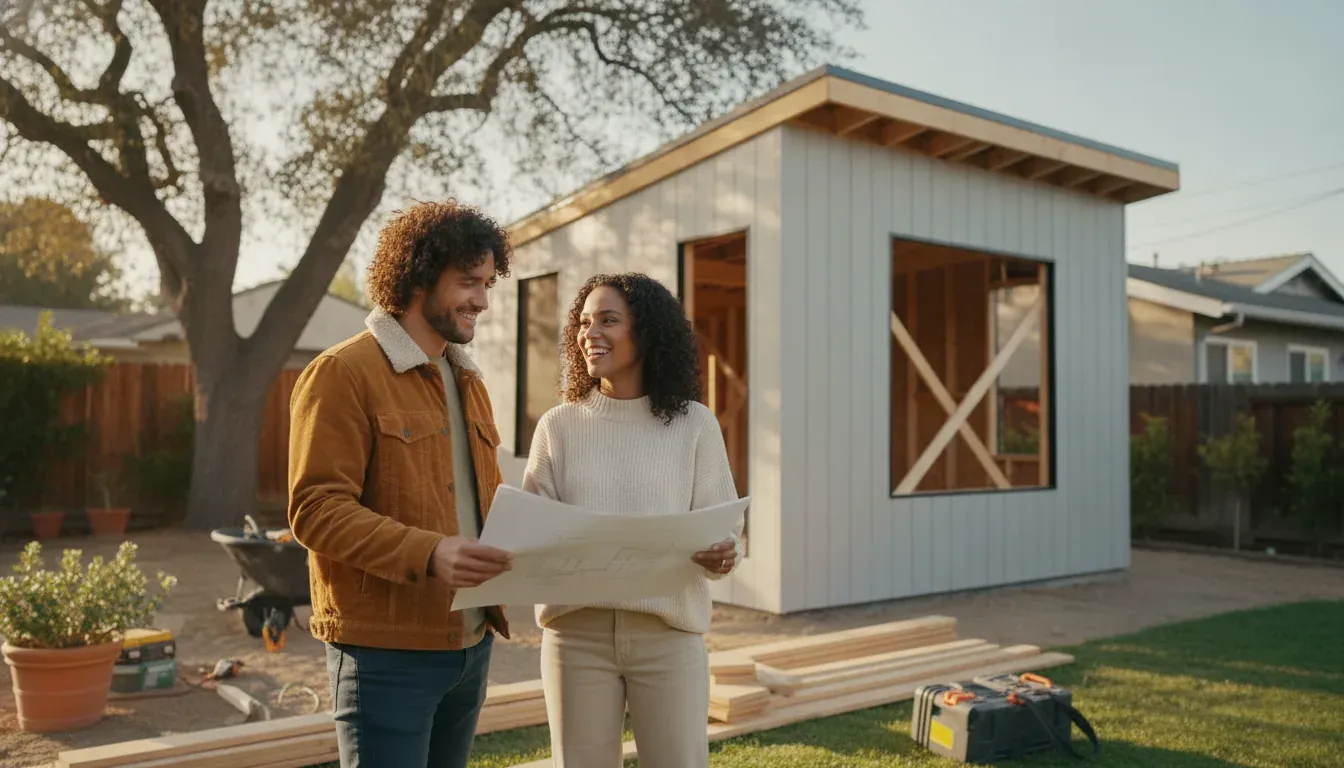 Homeowner meeting a renovation advisor beside a backyard ADU