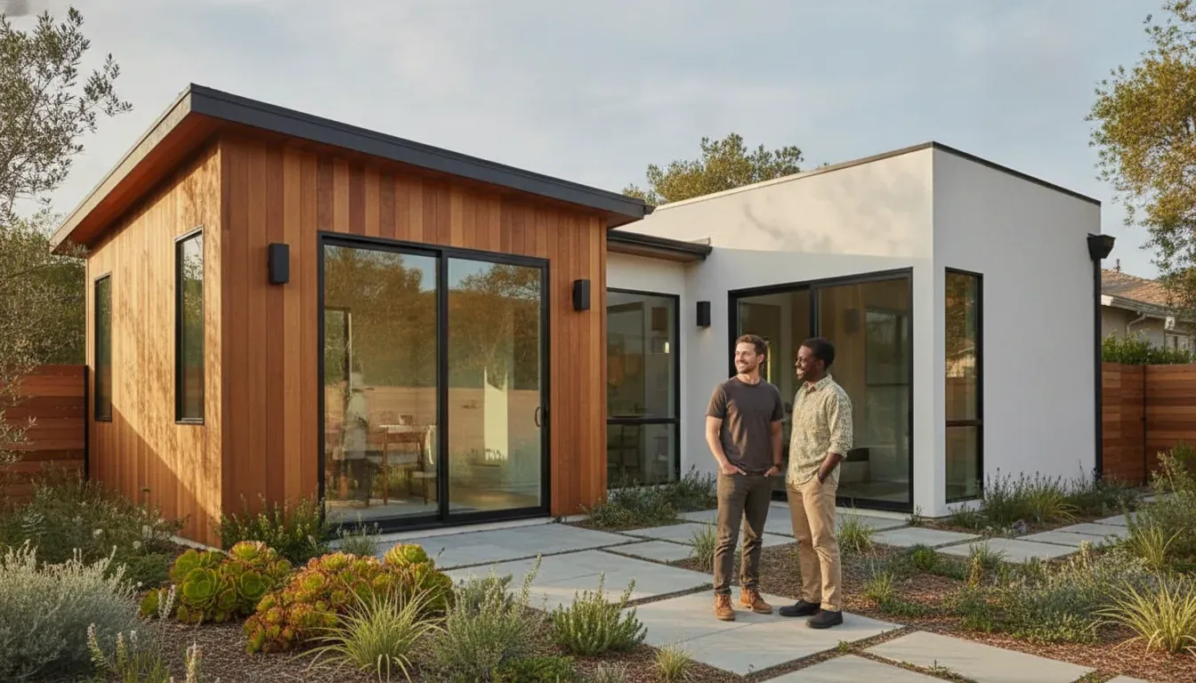 Homeowner and contractor reviewing a backyard ADU project