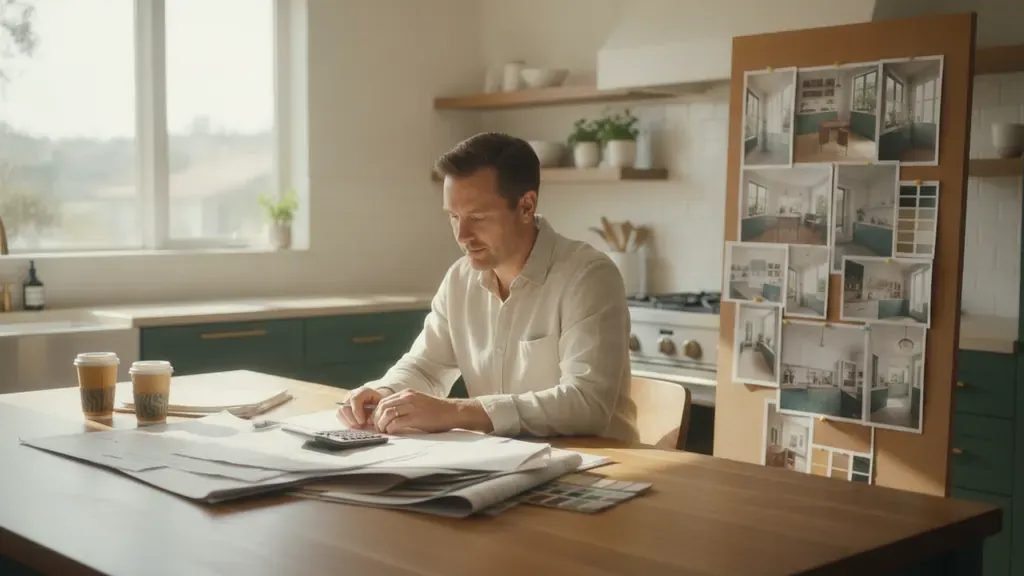 Bright homeowner reviewing renovation plans and tax records at a kitchen table