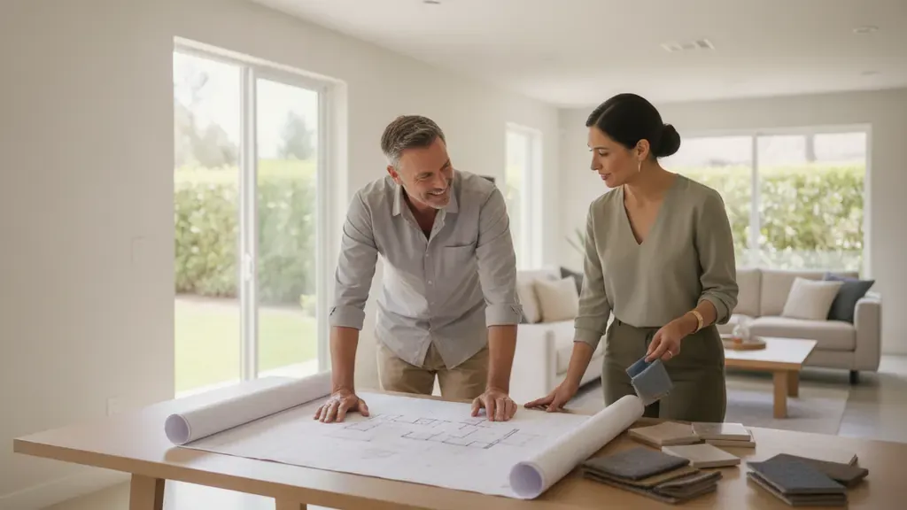 Homeowner and contractor reviewing a renovation plan and material samples