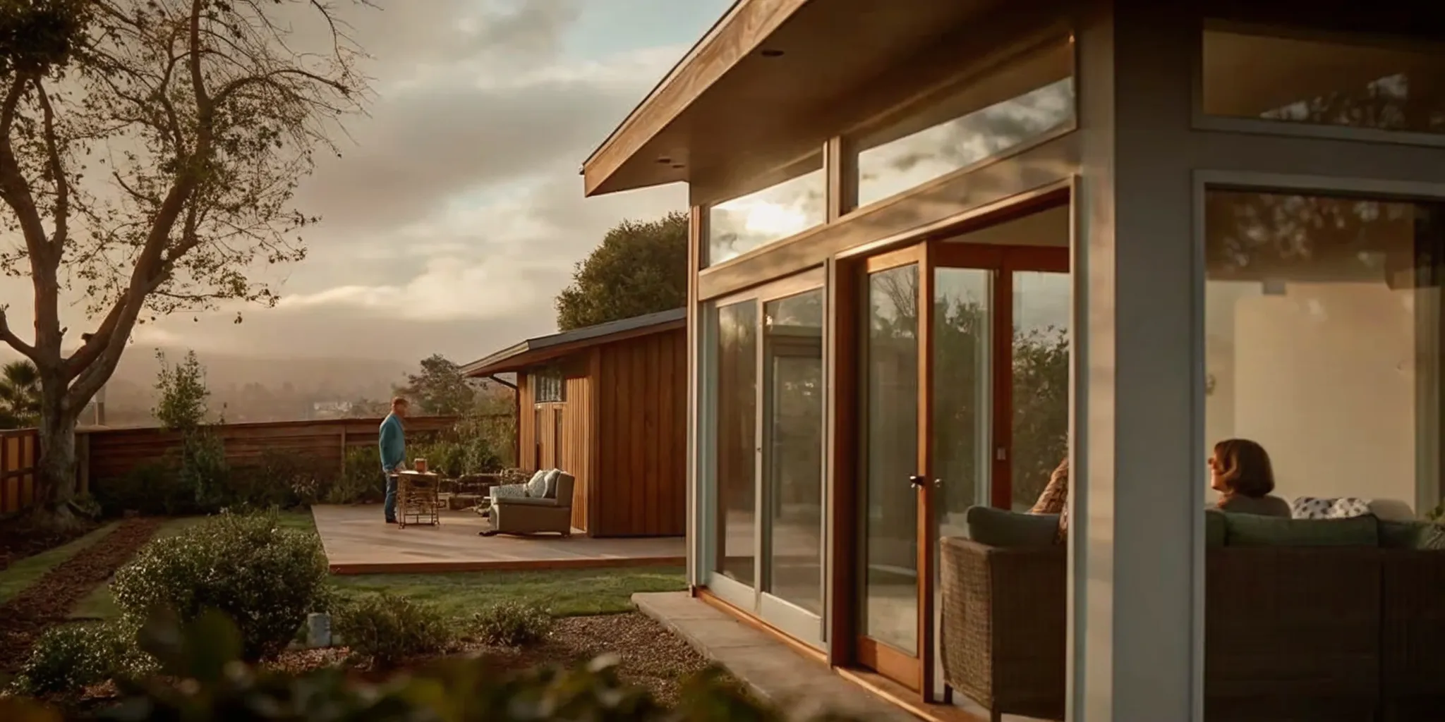 Premium detached ADU beside a modern California home at golden hour
