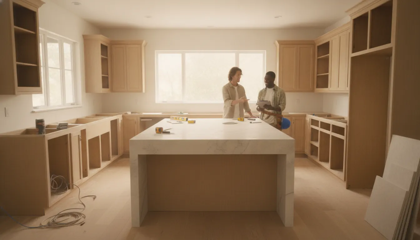 Kitchen remodeling San Diego project with new cabinetry and island under construction