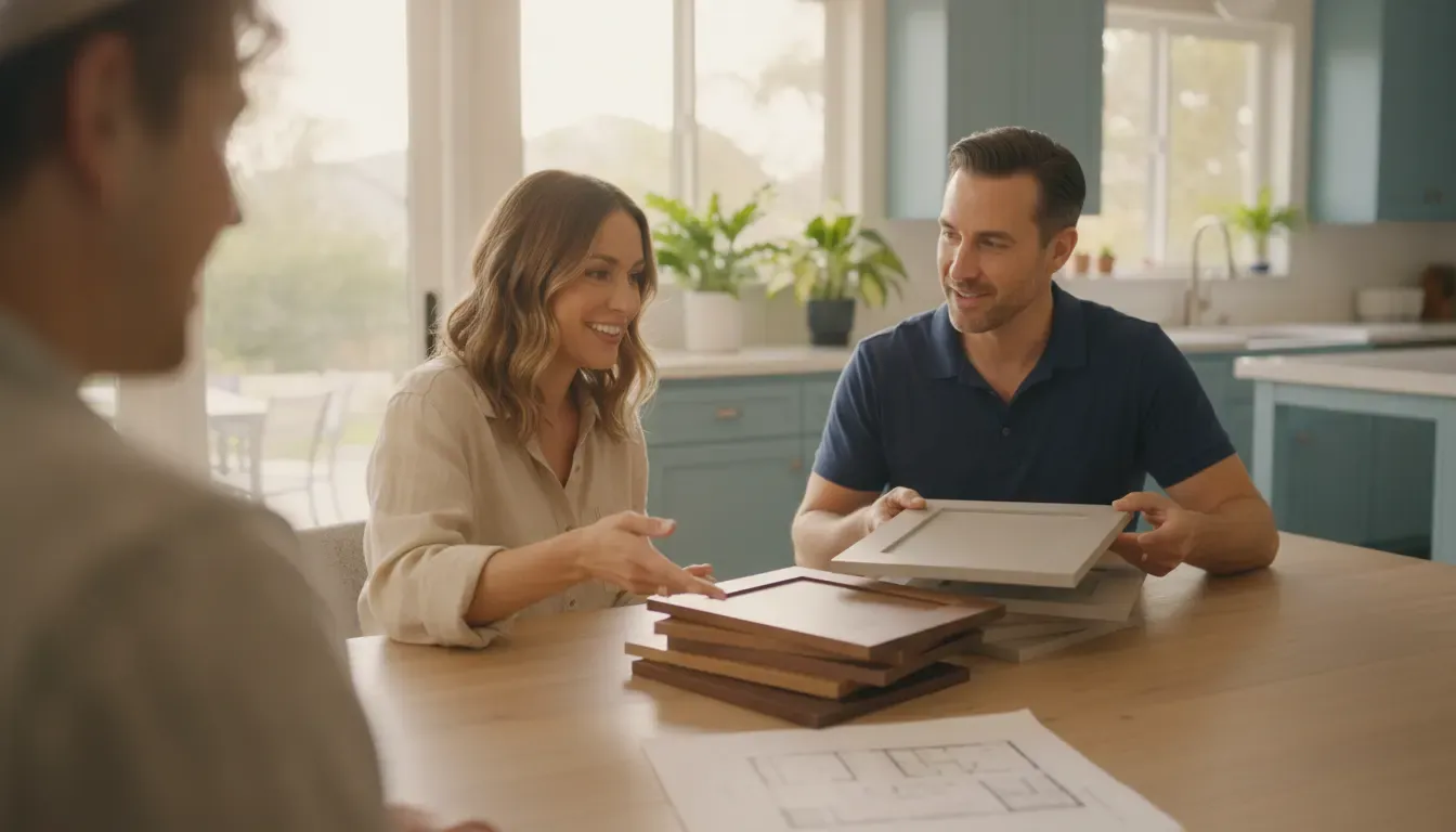 San Diego homeowner reviewing kitchen cabinet and material options during renovation planning