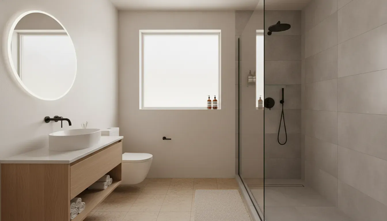Bright compact bathroom with clear circulation and a practical renovation layout