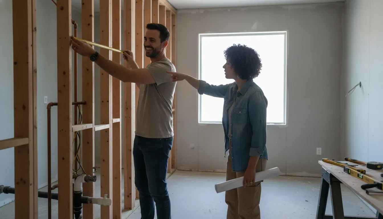 Homeowner and renovation advisor measuring a bathroom during minimum bathroom size planning