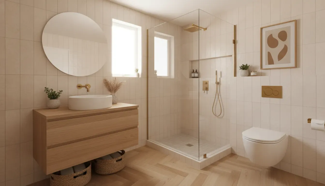 Bright 3/4 bathroom with a walk-in shower, toilet, and vanity