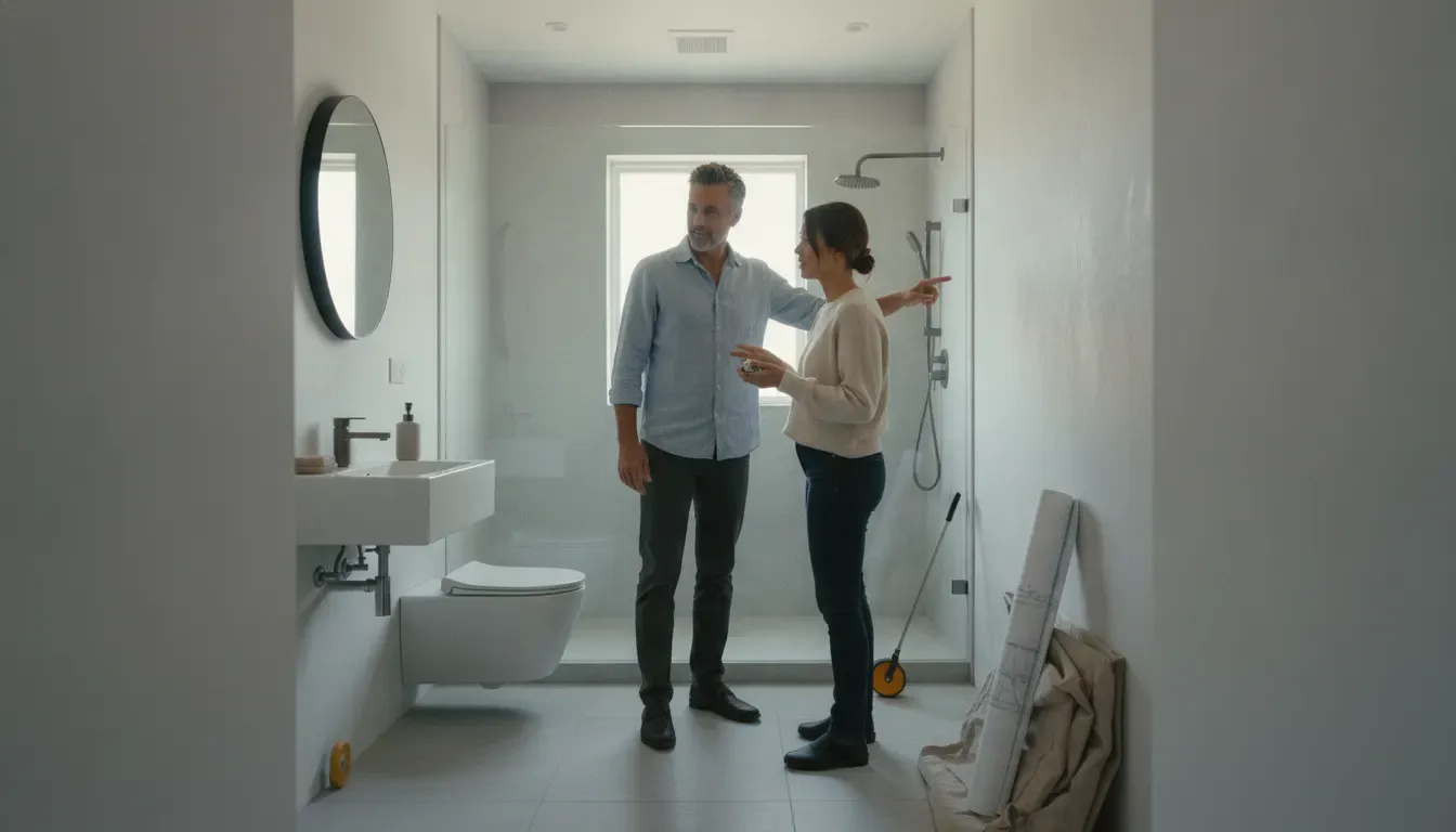 Homeowners planning a 3/4 bathroom with a walk-in shower and vanity