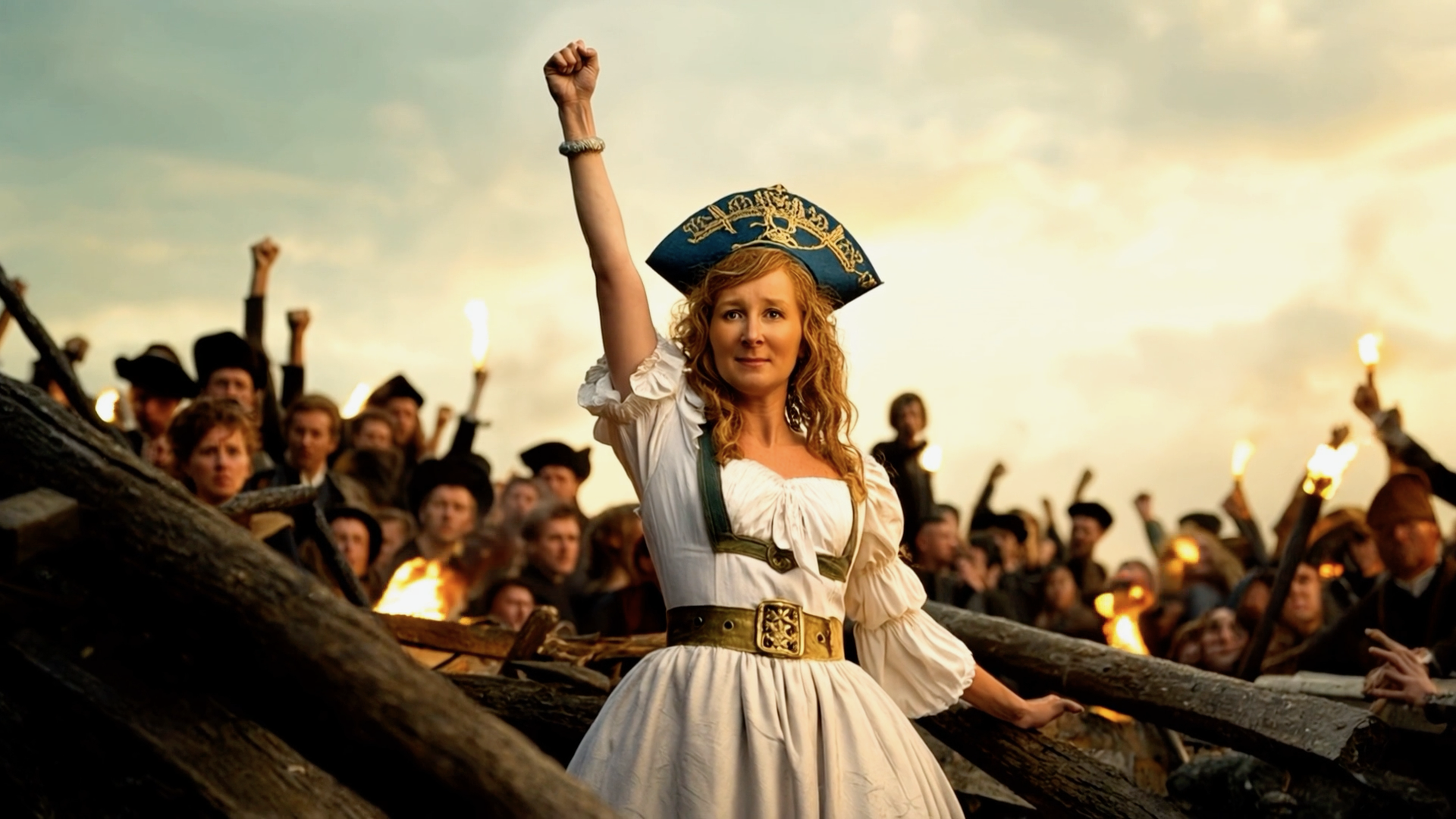 Femme battante, révolutionnaire sur les barricades, poing levé. 