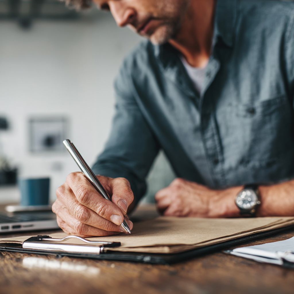 A man writing on a clipboard working on a product approval