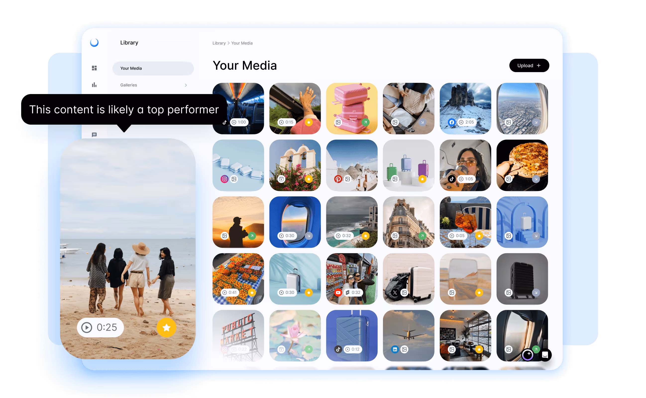 Media library showcasing video and image content with a top performer highlighted.