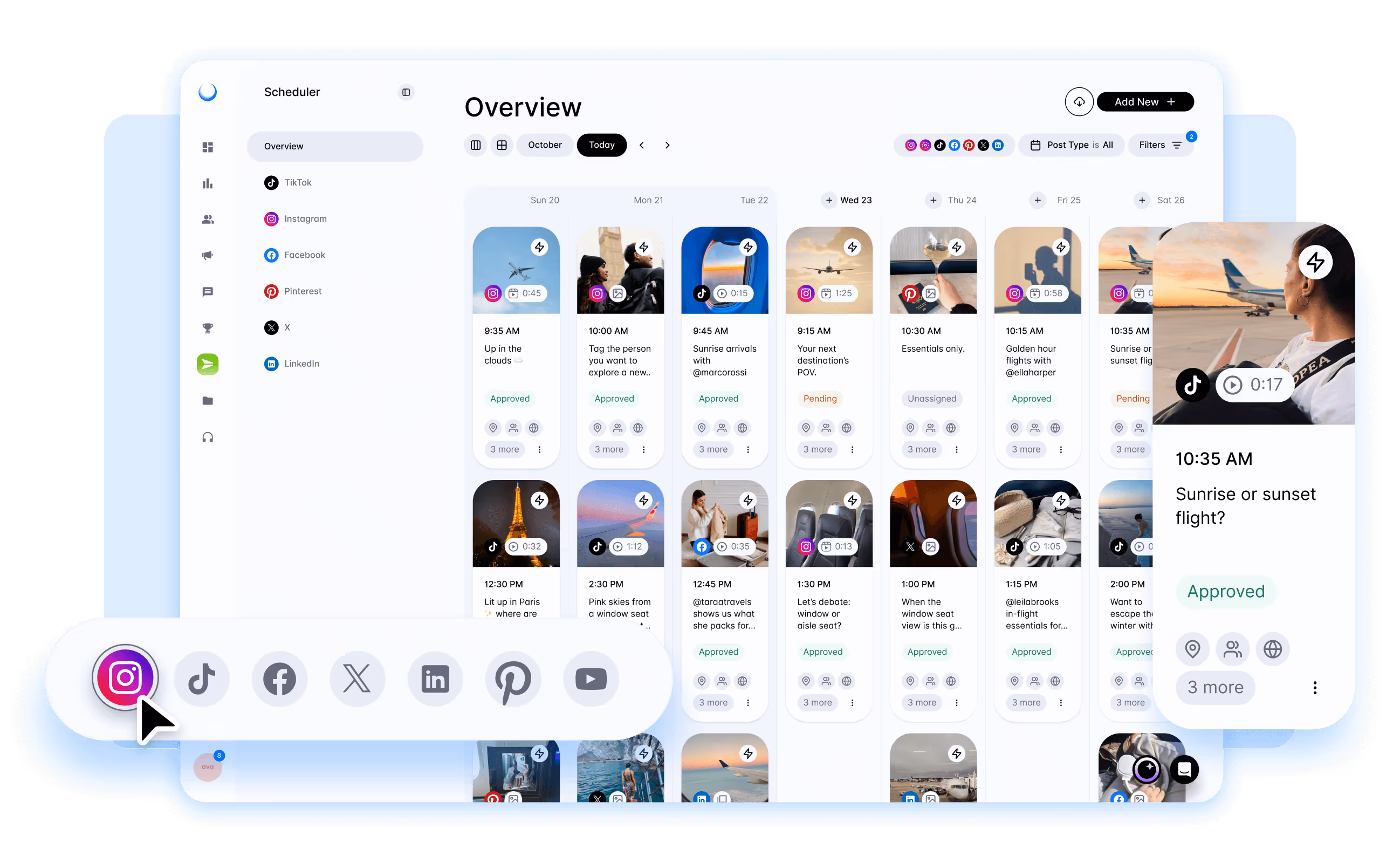 Social media scheduling tool showing scheduled posts with content previews and approval status.