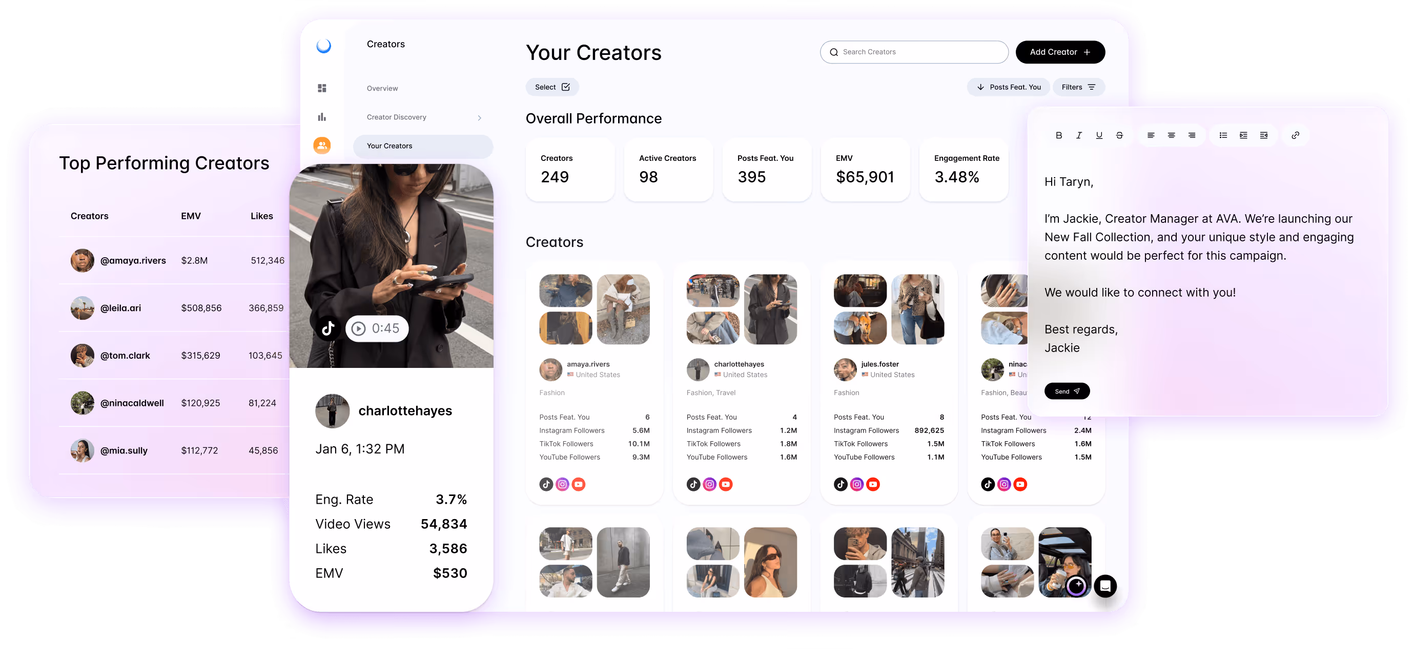 Influencer and creator management dashboard for social media campaigns