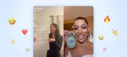 Doja Cat holding a JBL going off script in a TikTok stitched with JBL team holding a script
