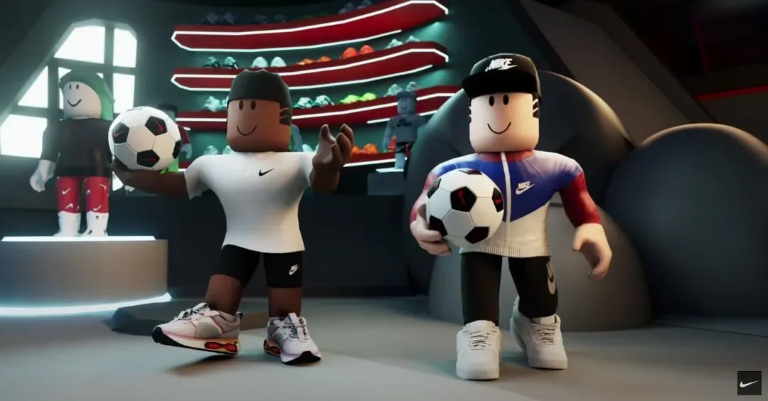 two metaverse avatars wear nike holding soccer balls