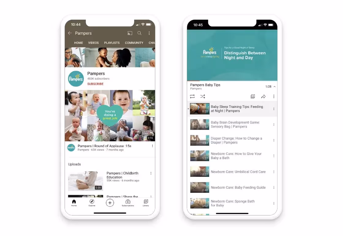 Pampers' YouTube channel in an iPhone mockup