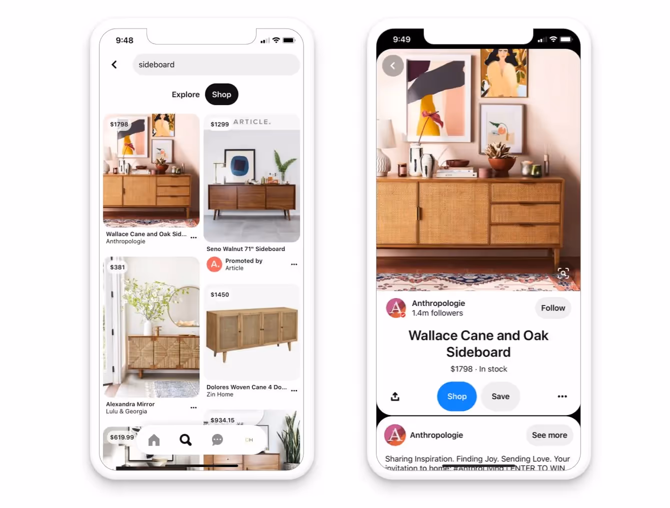 Pinterest search of 'sideboard' on phone